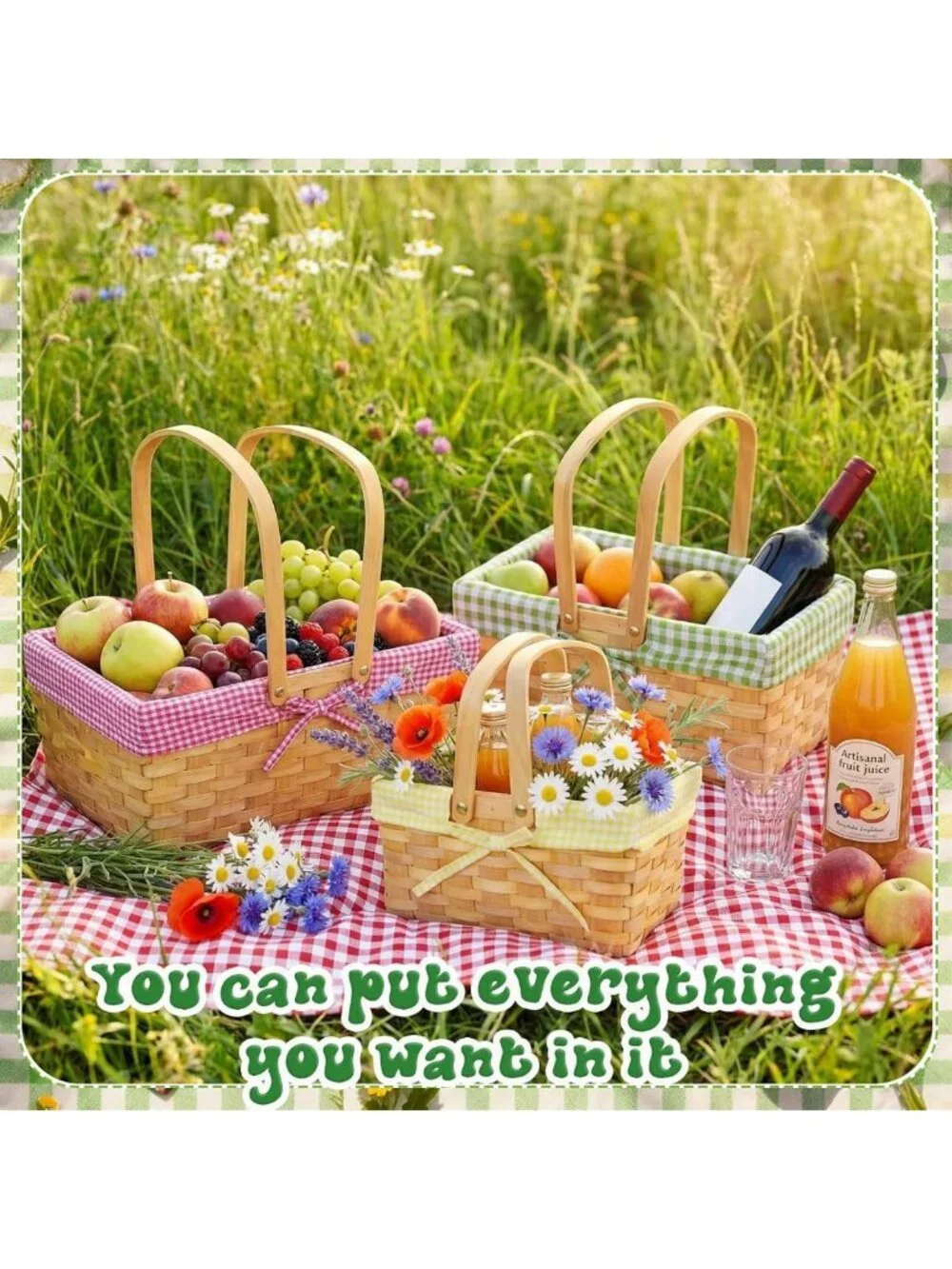Set of 3 Picnic Baskets with Handles - Rustic Woven, Gingham Liner, Perfect for